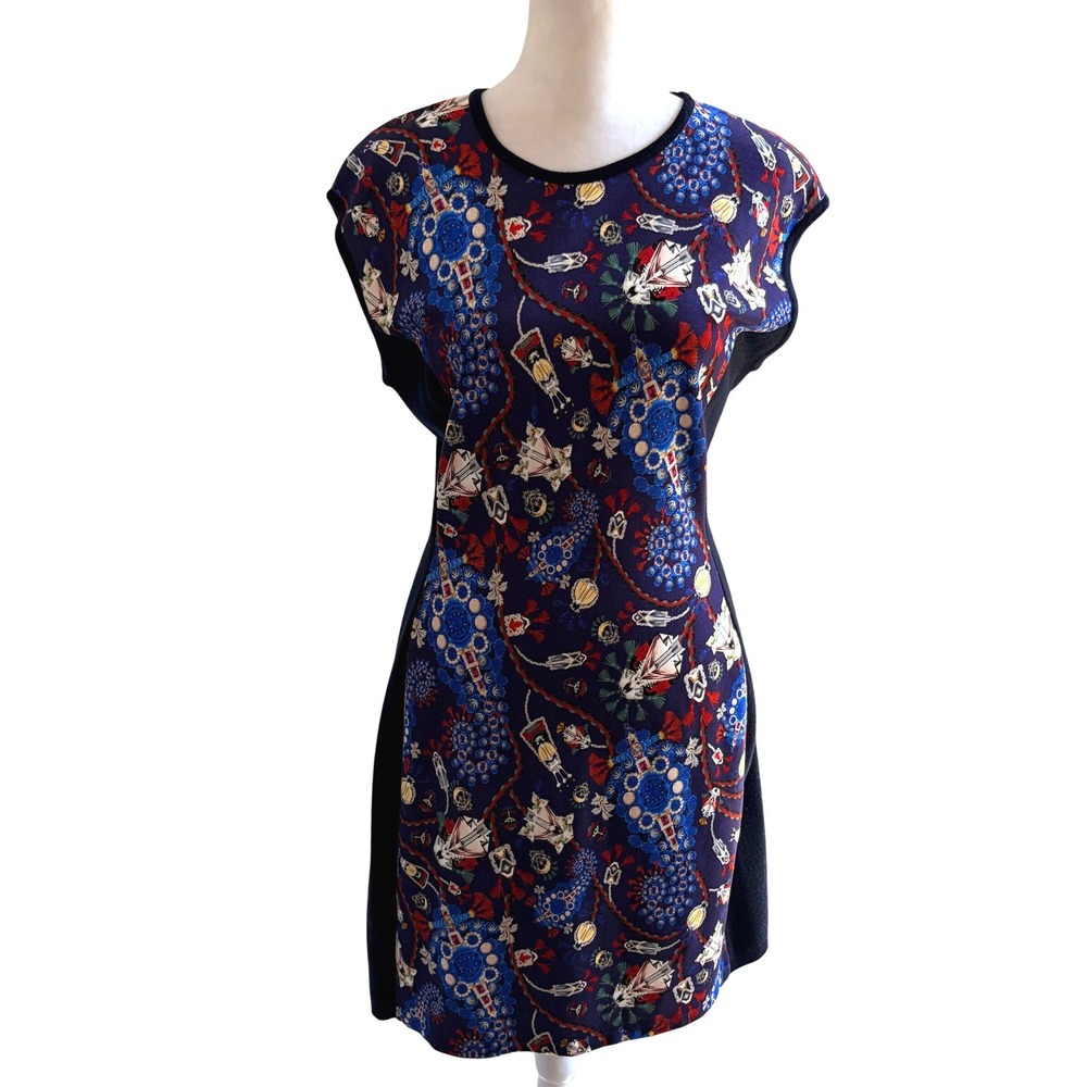 NEW Mary Katrantzou Rare Lanark 2015 Dress Medium‎ Tik Tok Repeat Wool Navy Blue